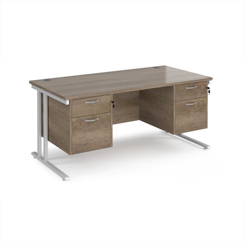 Maestro 25 straight desk 1600mm x 800mm with two x 2 drawer pedestals - white cantilever leg frame, Nebraska oak top