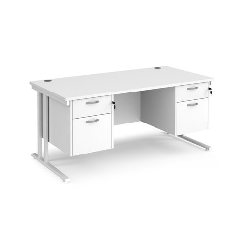 Maestro 25 straight desk 1600mm x 800mm with two x 2 drawer pedestals - white cantilever leg frame, white top