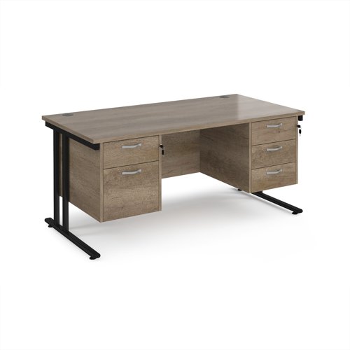 Maestro 25 straight desk 1600mm x 800mm with 2 and 3 drawer pedestals - black cantilever leg frame, Nebraska oak top