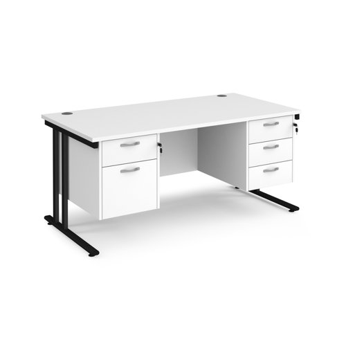 Maestro 25 straight desk 1600mm x 800mm with 2 and 3 drawer pedestals - black cantilever leg frame, white top