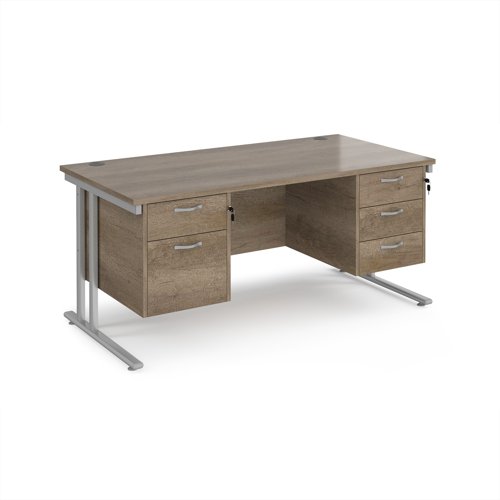 Maestro 25 straight desk 1600mm x 800mm with 2 and 3 drawer pedestals - silver cantilever leg frame, Nebraska oak top
