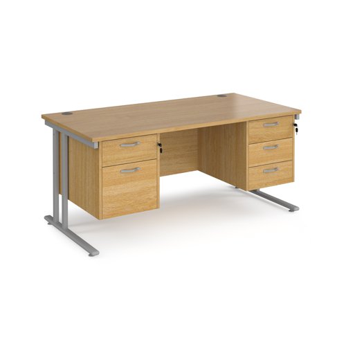 Office Desk Rectangular Desk 1600mm With Double Pedestal Oak Top With Silver Frame 800mm Depth Maestro 25 Mc16p23so