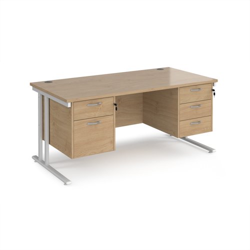 Maestro 25 straight desk 1600mm x 800mm with 2 and 3 drawer pedestals - white cantilever leg frame, Kendal oak top