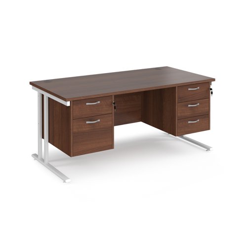 Maestro 25 straight desk 1600mm x 800mm with 2 and 3 drawer pedestals - white cantilever leg frame, walnut top