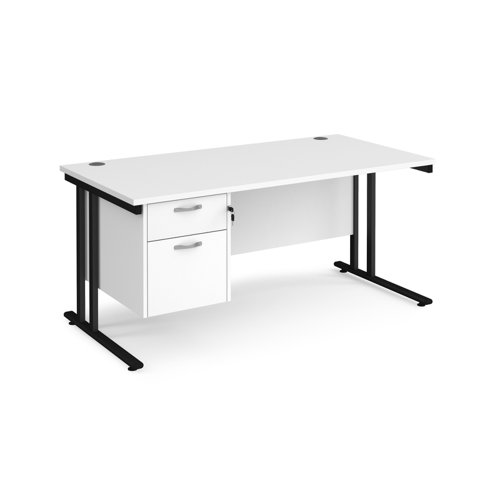 Maestro 25 straight desk 1600mm x 800mm with 2 drawer pedestal - black cantilever leg frame, white top