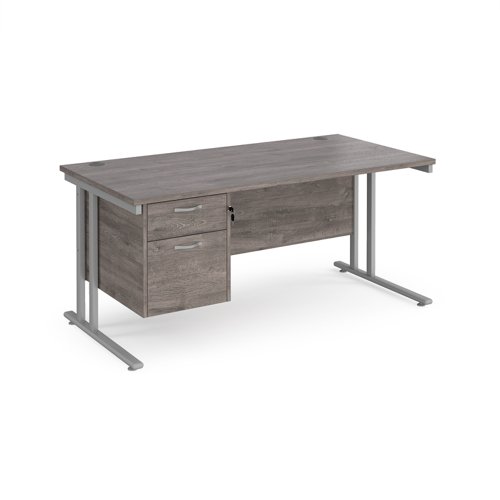 Maestro 25 straight desk 1600mm x 800mm with 2 drawer pedestal - silver cantilever leg frame, grey oak top