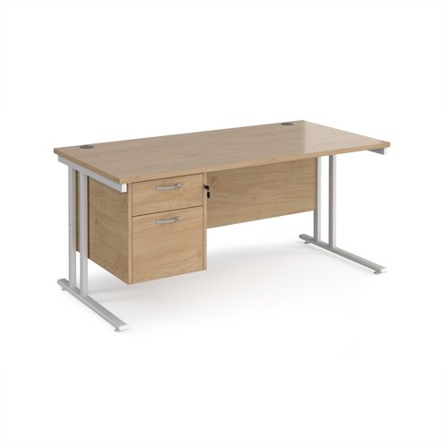 Maestro 25 straight desk 1600mm x 800mm with 2 drawer pedestal - white cantilever leg frame, Kendal oak top