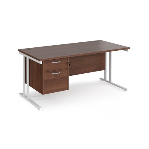 Maestro 25 straight desk 1600mm x 800mm with 2 drawer pedestal - white cantilever leg frame, walnut top