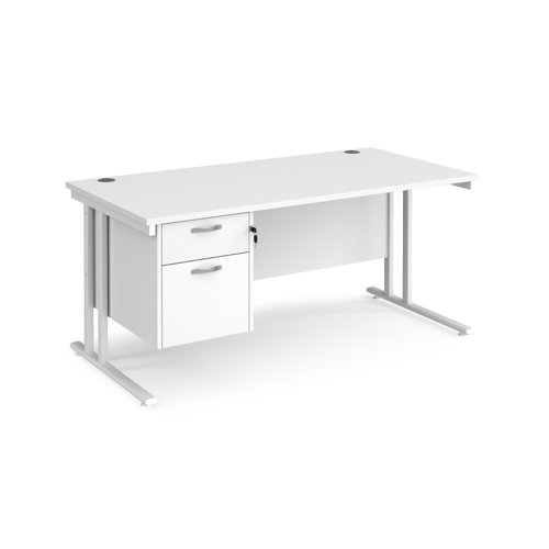 Maestro 25 straight desk 1600mm x 800mm with 2 drawer pedestal - white cantilever leg frame, white top MC16P2WHWH Buy online at Office 5Star or contact us Tel 01594 810081 for assistance