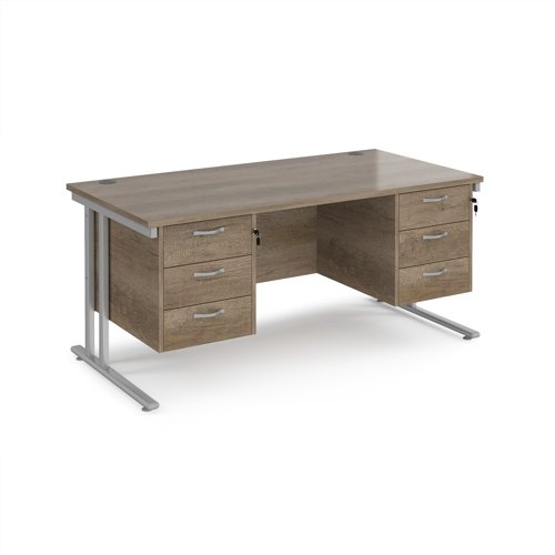 Maestro 25 straight desk 1600mm x 800mm with two x 3 drawer pedestals - silver cantilever leg frame, Nebraska oak top