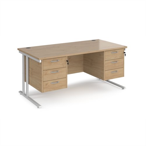 Maestro 25 straight desk 1600mm x 800mm with two x 3 drawer pedestals - white cantilever leg frame, Kendal oak top