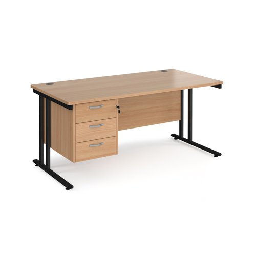 Maestro 25 straight desk 1600mm x 800mm with 3 drawer pedestal - black cantilever leg frame and beech top