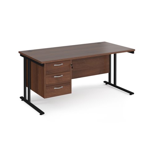 Maestro 25 straight desk 1600mm x 800mm with 3 drawer pedestal - black cantilever leg frame and walnut top
