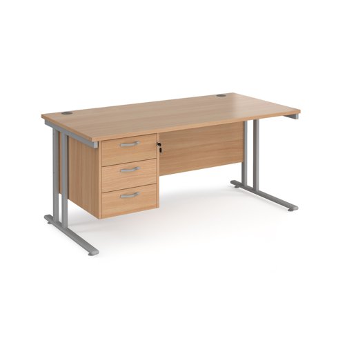 Maestro 25 straight desk 1600mm x 800mm with 3 drawer pedestal - silver cantilever leg frame, beech top