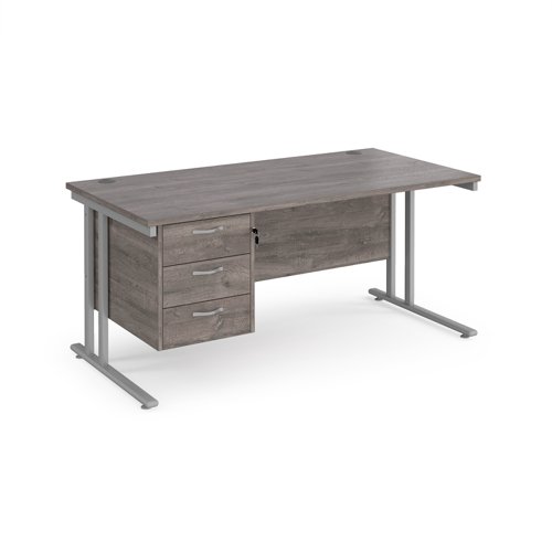 Maestro 25 straight desk 1600mm x 800mm with 3 drawer pedestal - silver cantilever leg frame, grey oak top