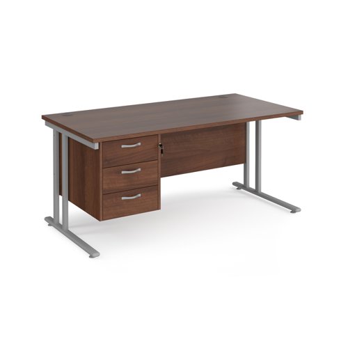 Maestro 25 straight desk 1600mm x 800mm with 3 drawer pedestal - silver cantilever leg frame and walnut top