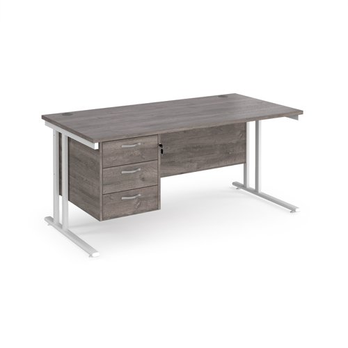 Maestro 25 straight desk 1600mm x 800mm with 3 drawer pedestal - white cantilever leg frame and grey oak top