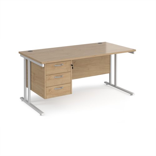 Maestro 25 straight desk 1600mm x 800mm with 3 drawer pedestal - white cantilever leg frame, Kendal oak top