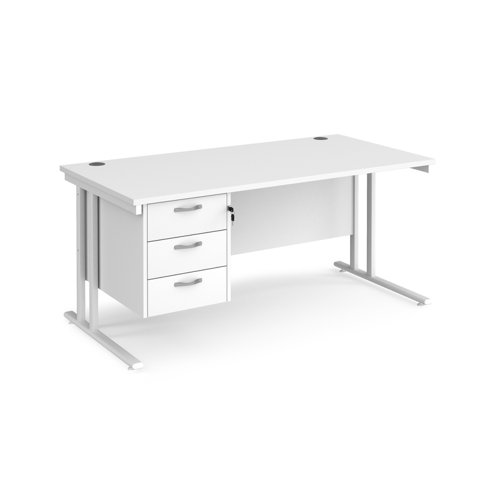 Maestro 25 straight desk 1600mm x 800mm with 3 drawer pedestal - white cantilever leg frame and white top