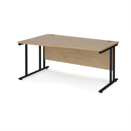 Maestro 25 left hand wave desk 1600mm wide - black cantilever leg frame, Kendal oak top