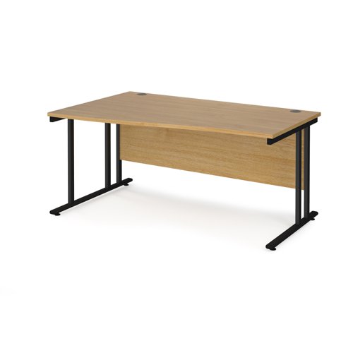 Maestro 25 left hand wave desk 1600mm wide - black cantilever leg frame, oak top