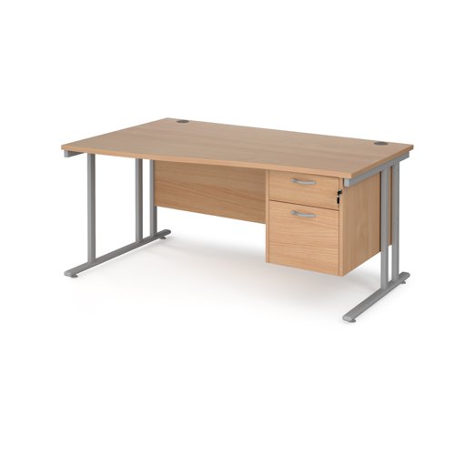 Maestro 25 left hand wave desk 1600mm wide with 2 drawer pedestal - silver cantilever leg frame, beech top