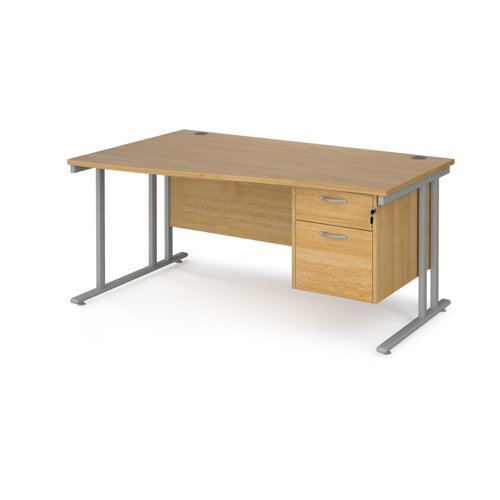 Maestro 25 left hand wave desk 1600mm wide with 2 drawer pedestal - silver cantilever leg frame, oak top