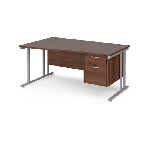 Maestro 25 left hand wave desk 1600mm wide with 2 drawer pedestal - silver cantilever leg frame, walnut top