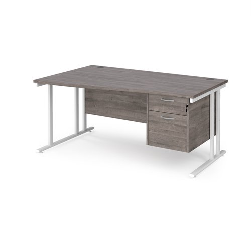 Maestro 25 left hand wave desk 1600mm wide with 2 drawer pedestal - white cantilever leg frame, grey oak top