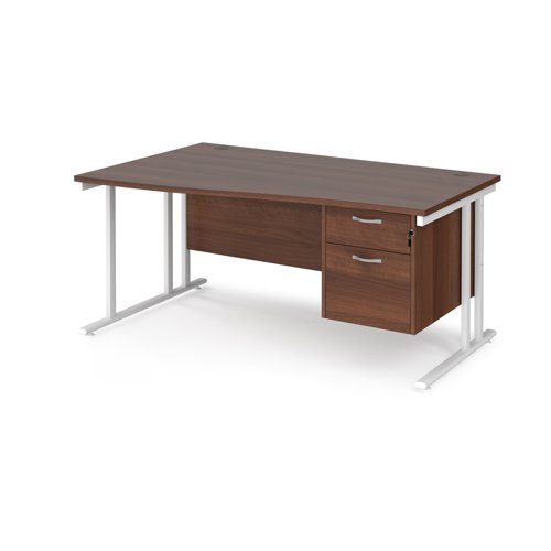 Maestro 25 left hand wave desk 1600mm wide with 2 drawer pedestal - white cantilever leg frame, walnut top
