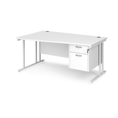 Maestro 25 left hand wave desk 1600mm wide with 2 drawer pedestal - white cantilever leg frame, white top