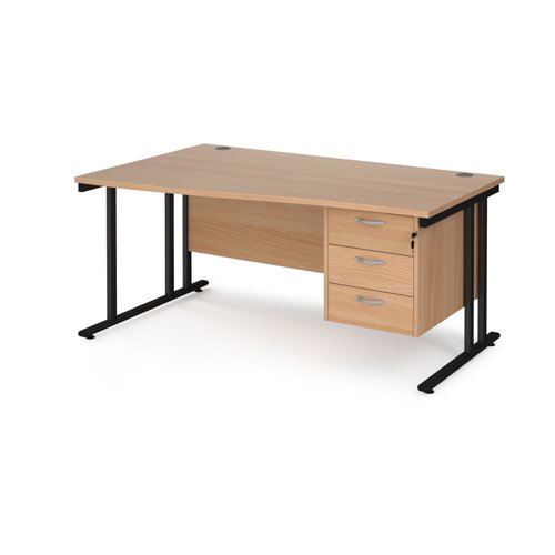 Maestro 25 left hand wave desk 1600mm wide with 3 drawer pedestal - black cantilever leg frame, beech top