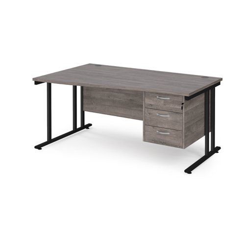 Maestro 25 left hand wave desk 1600mm wide with 3 drawer pedestal - black cantilever leg frame, grey oak top
