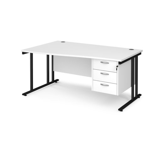 Maestro 25 left hand wave desk 1600mm wide with 3 drawer pedestal - black cantilever leg frame, white top