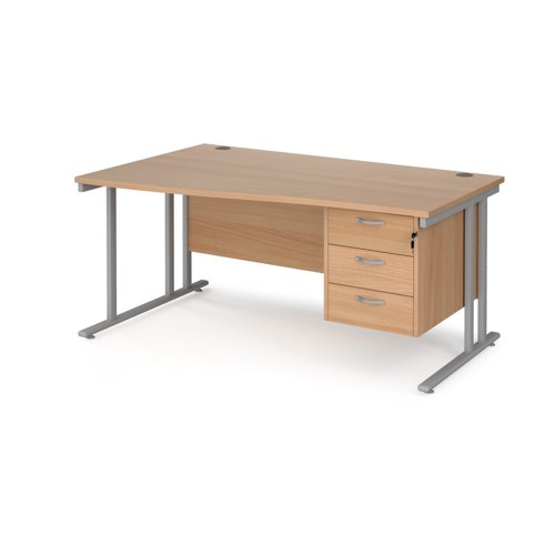 Maestro 25 left hand wave desk 1600mm wide with 3 drawer pedestal - silver cantilever leg frame, beech top Office Desks MC16WLP3SB