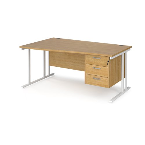 Maestro 25 left hand wave desk 1600mm wide with 3 drawer pedestal - white cantilever leg frame, oak top