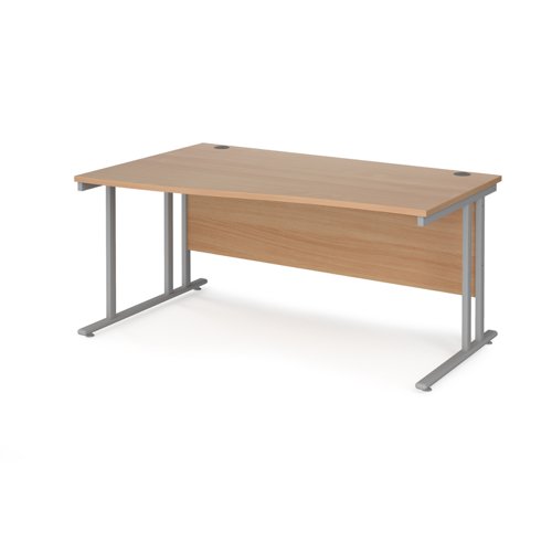 Maestro 25 left hand wave desk 1600mm wide - silver cantilever leg frame, beech top