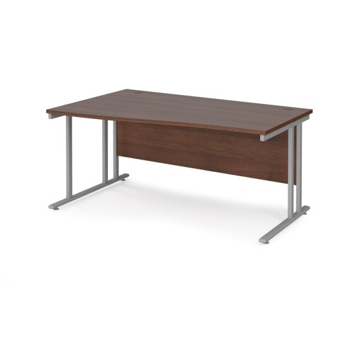 Maestro 25 left hand wave desk 1600mm wide - silver cantilever leg frame, walnut top