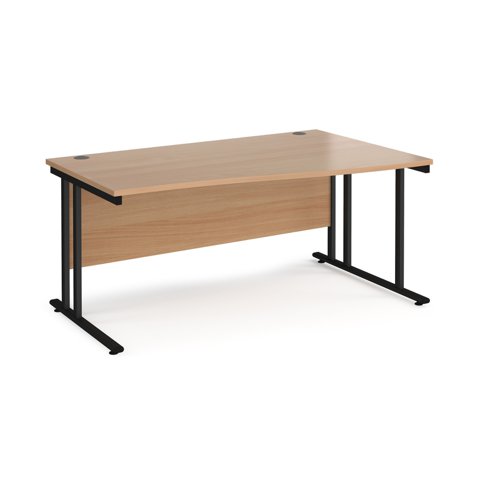 Maestro 25 right hand wave desk 1600mm wide - black cantilever leg frame, beech top