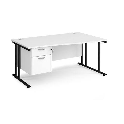 Maestro 25 right hand wave desk 1600mm wide with 2 drawer pedestal - black cantilever leg frame, white top