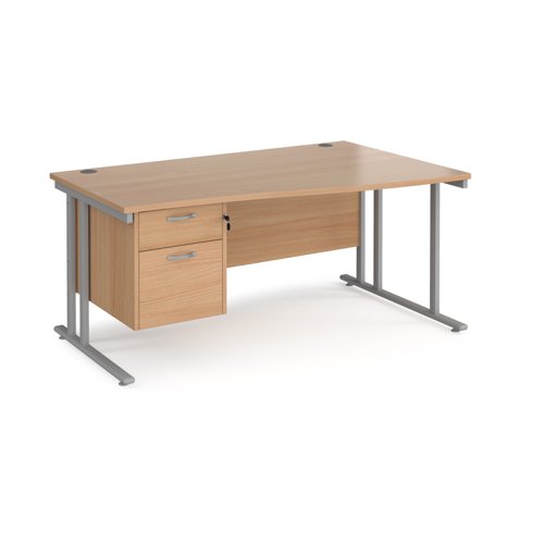 Maestro 25 right hand wave desk 1600mm wide with 2 drawer pedestal - silver cantilever leg frame, beech top