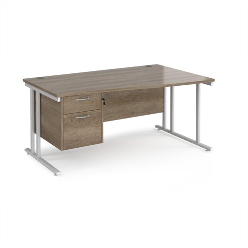 Maestro 25 right hand wave desk 1600mm wide with 2 drawer pedestal - white cantilever leg frame, Nebraska oak top