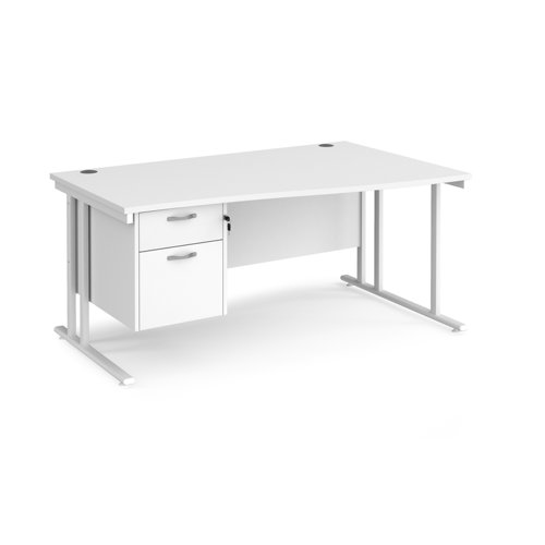 Maestro 25 right hand wave desk 1600mm wide with 2 drawer pedestal - white cantilever leg frame, white top