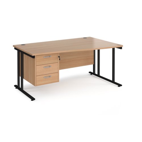 Maestro 25 right hand wave desk 1600mm wide with 3 drawer pedestal - black cantilever leg frame, beech top