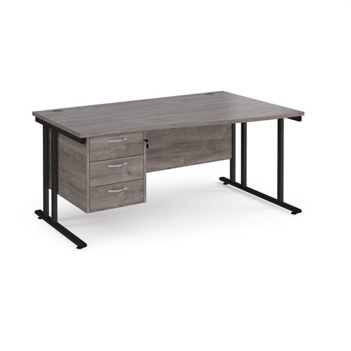 Maestro 25 right hand wave desk 1600mm wide with 3 drawer pedestal - black cantilever leg frame, grey oak top