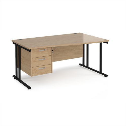 Maestro 25 right hand wave desk 1600mm wide with 3 drawer pedestal - black cantilever leg frame, Kendal oak top