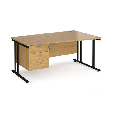 Maestro 25 right hand wave desk 1600mm wide with 3 drawer pedestal - black cantilever leg frame, oak top