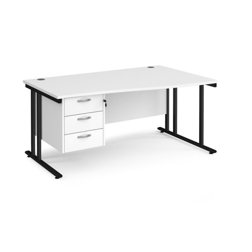Maestro 25 right hand wave desk 1600mm wide with 3 drawer pedestal - black cantilever leg frame, white top
