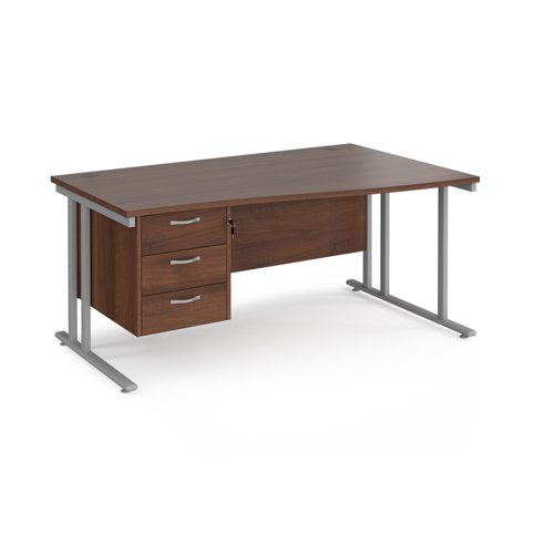 Maestro 25 right hand wave desk 1600mm wide with 3 drawer pedestal - silver cantilever leg frame, walnut top