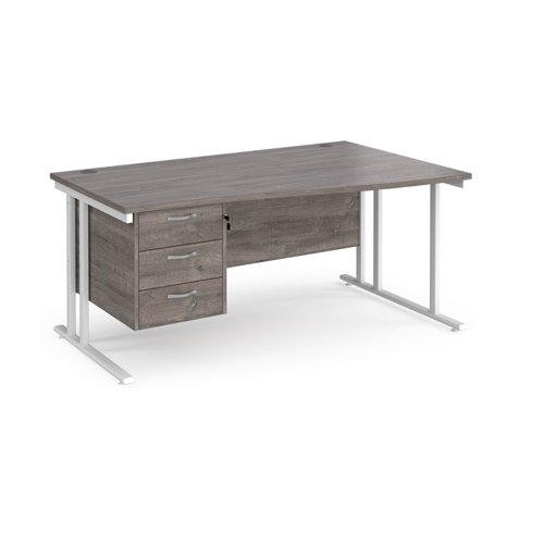 Maestro 25 right hand wave desk 1600mm wide with 3 drawer pedestal - white cantilever leg frame, grey oak top